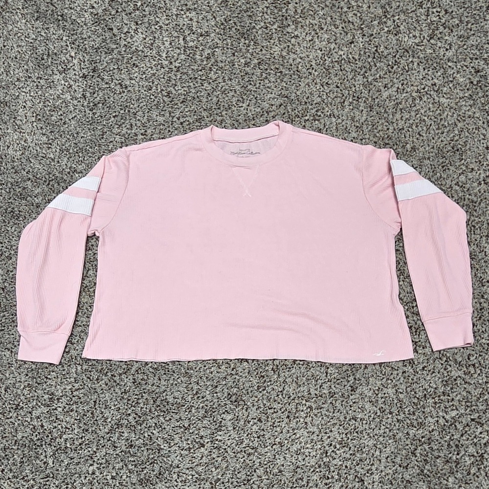 Hollister Pink Waffle Knit Long Sleeve Top White Stripe Cropped Size M